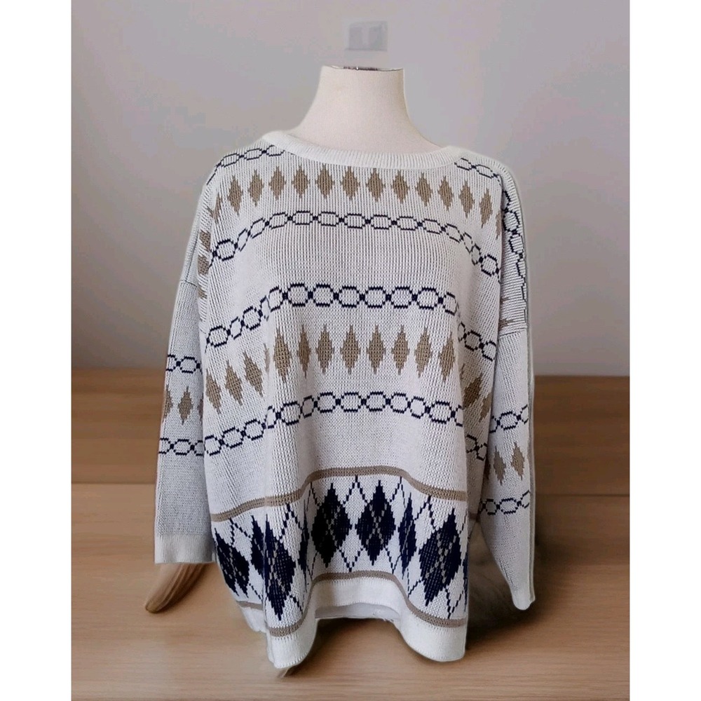 Vtg Turtle Bay Sweater Argyle Navy Biege Oversized 3/4 Sleeve Preppy XL Grandpa